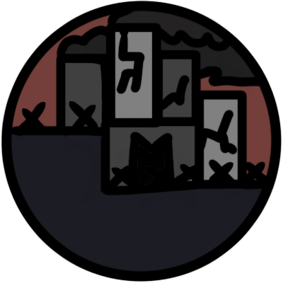 A circle containing a smoky, cracked city of highrises behind a wall, barbed wire atop it, with a red background.